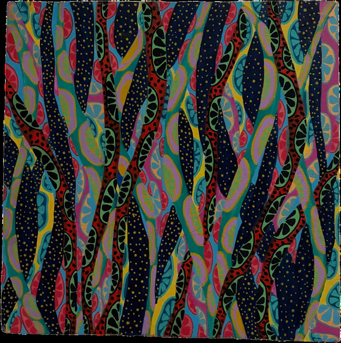 Pintura cuadrada de tonos profundos con formas alargadas que ascienden y se cruzan, salpicadas de puntos luminosos como un cielo nocturno vegetal.