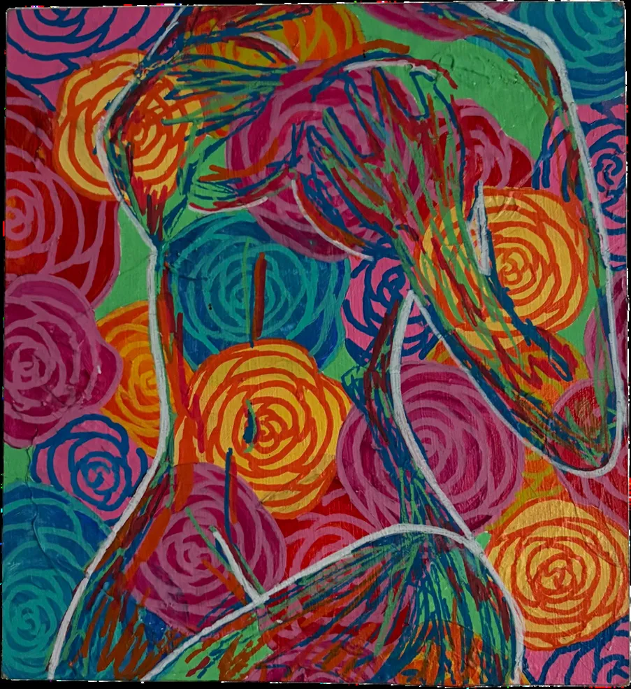 Pintura pequeña donde una figura femenina desnuda, trazada con una línea blanca continua, emerge entre flores y espirales en fucsia, naranjo y verde.